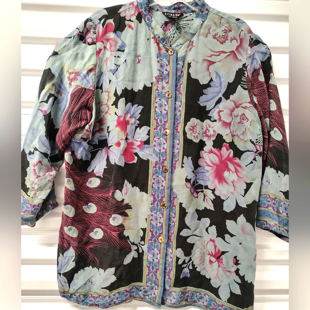 CITRON SANTA MONICA sz 1X GORGEOUS LUXURY SILK SCARF PRINTED LONG SLEEVE TOP